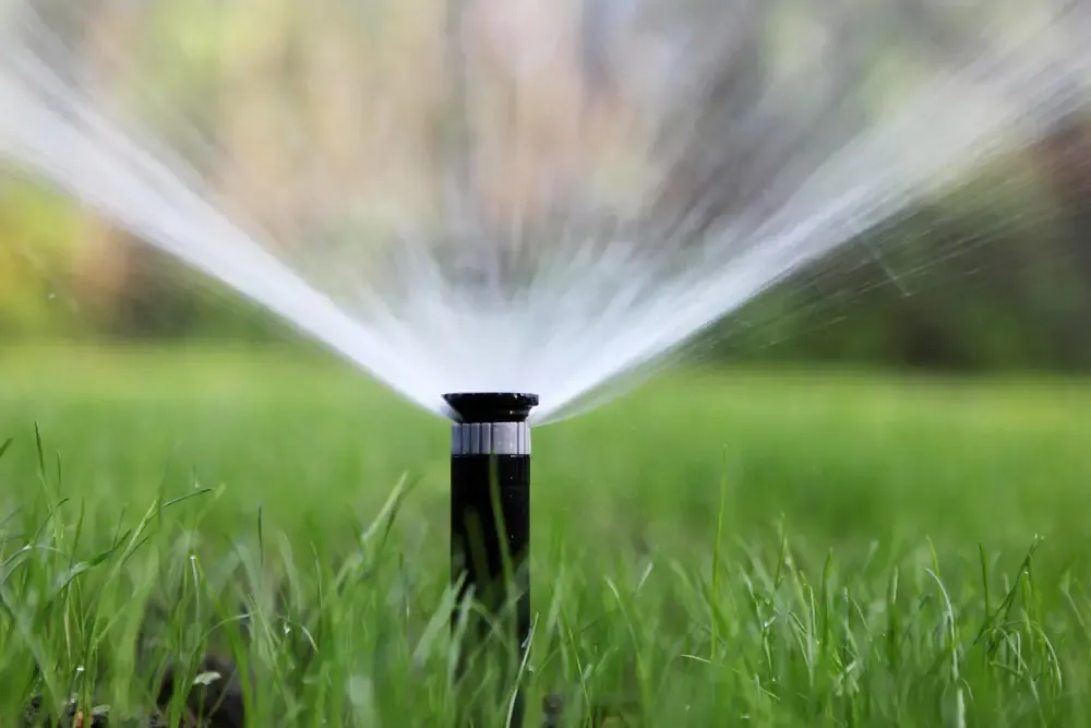 Tête d'arrosage escamotable qui projette un éventail d'eau sur une pelouse verte